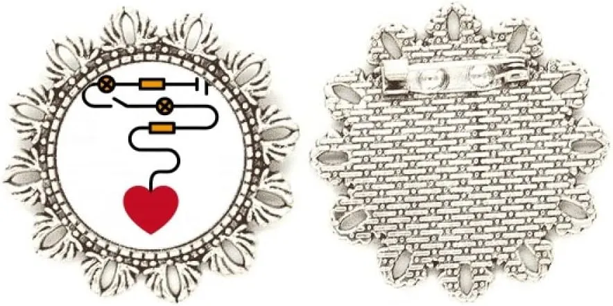 Heart Circuit Power Switch Silver Flower Brooch Hook Pin Breastpin
