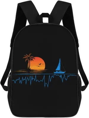 Heartbeat with Sailboat Tropical Palm Trees Laptop Backpack for Men Women 17 Inch Shoulder Bag Travel Daypack