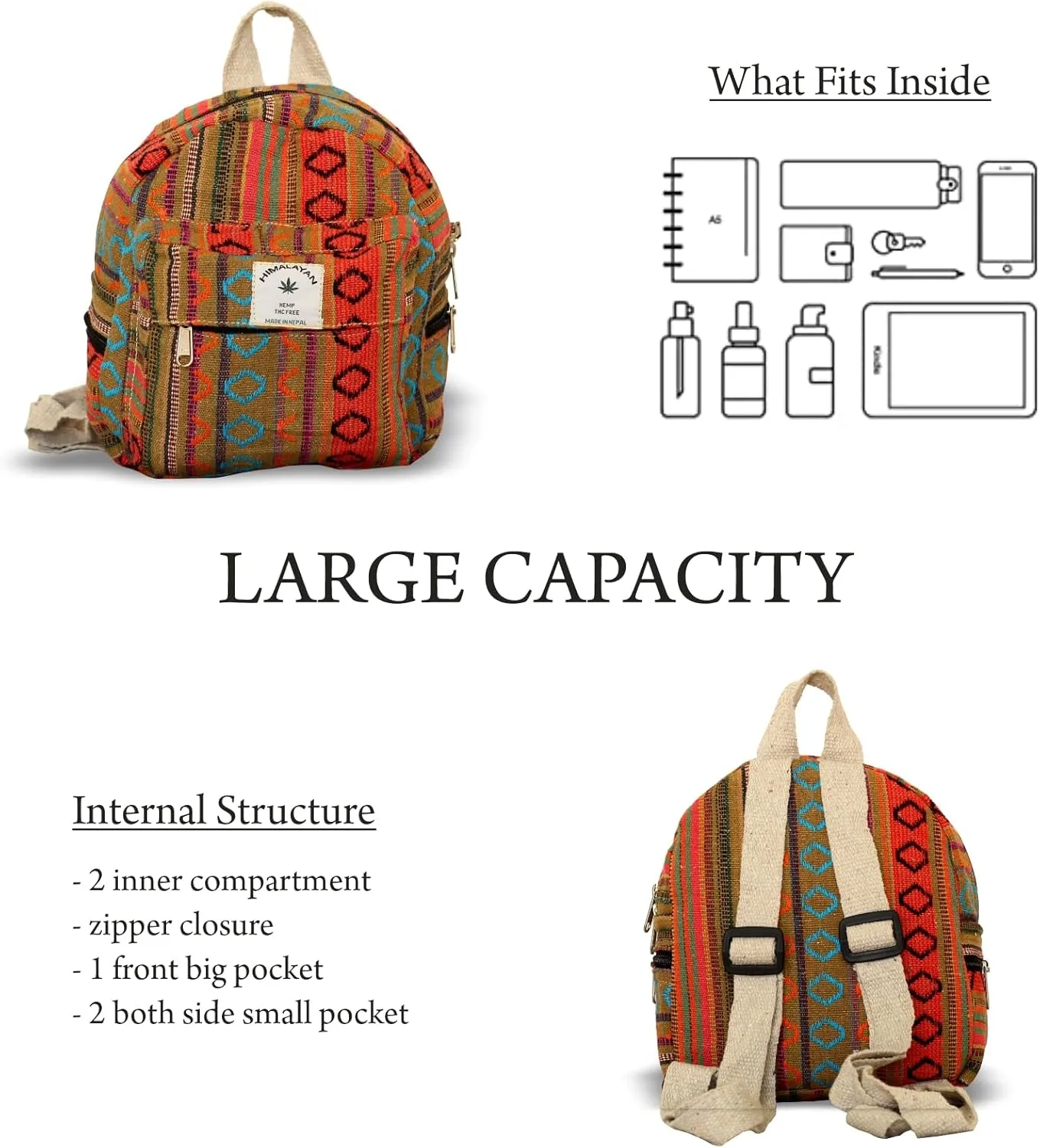 Hemp Mini Backpack for women Adjustable shoulder strap Mini Bag Washable Lightweight Casual Daypack (Orange)