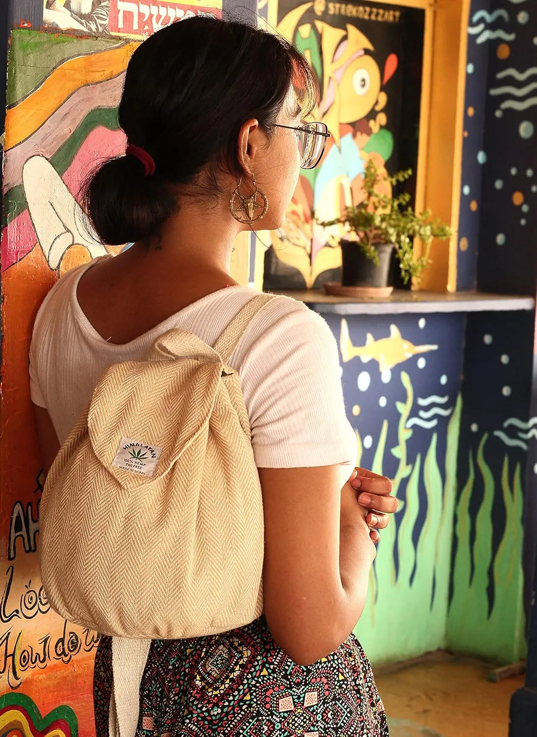 Hemp small bag for women Girls Light Weight Eco Friendly Small cute backpack Bag for everyday lives (Beige)
