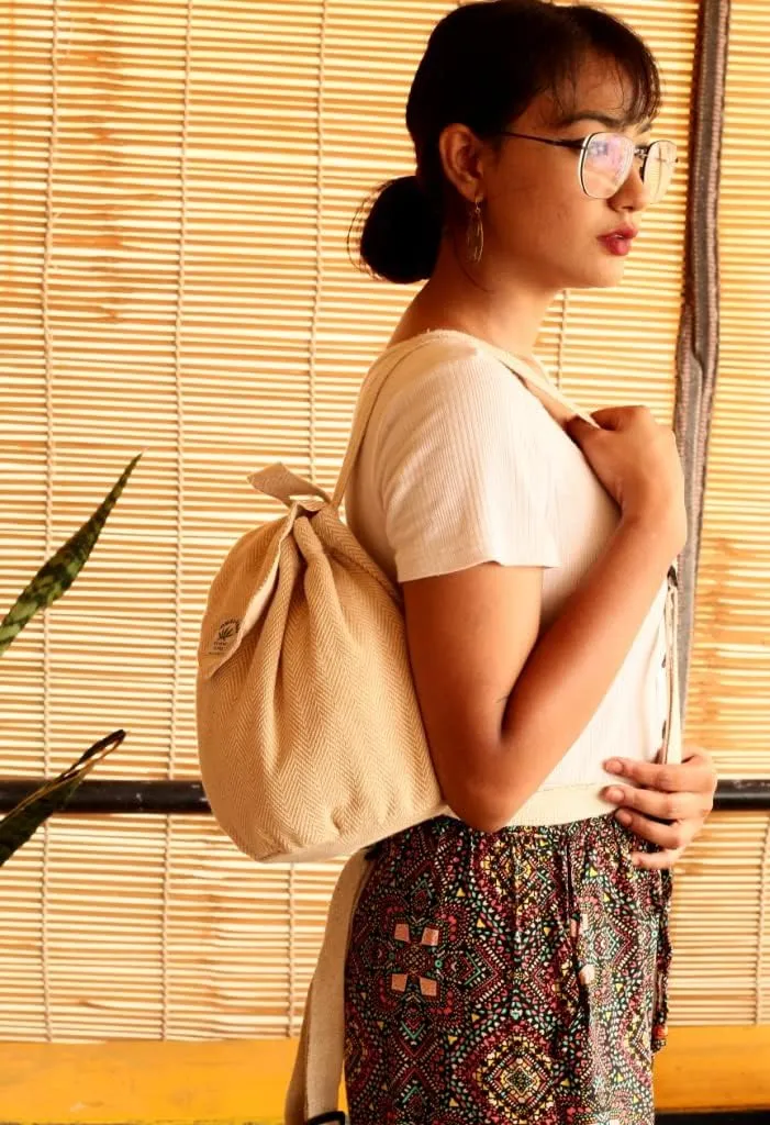 Hemp small bag for women Girls Light Weight Eco Friendly Small cute backpack Bag for everyday lives (Beige)