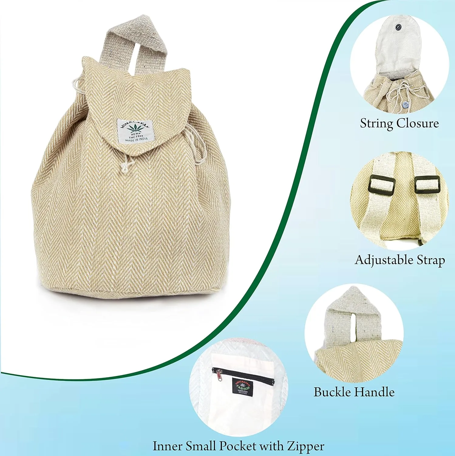 Hemp small bag for women Girls Light Weight Eco Friendly Small cute backpack Bag for everyday lives (Beige)