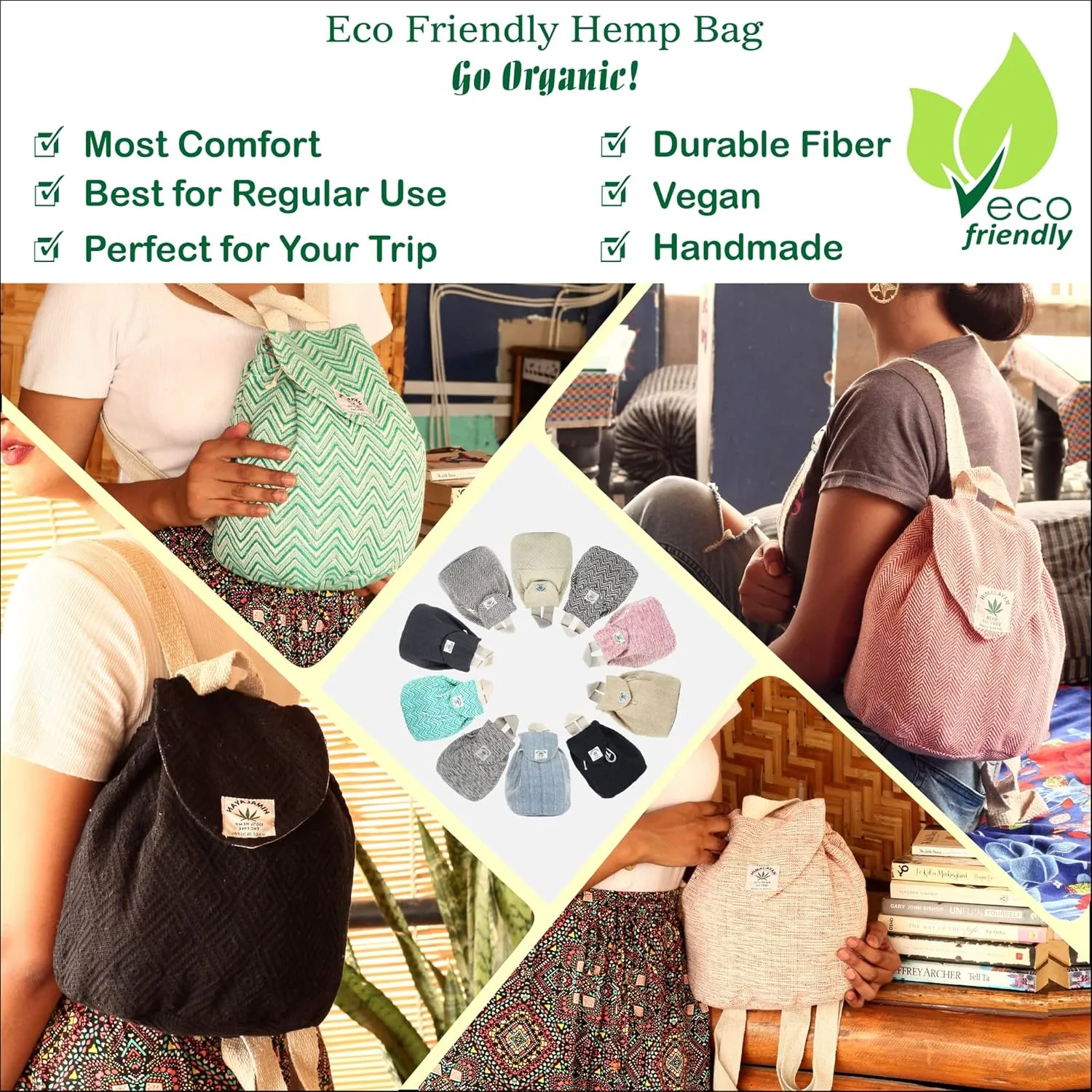 Hemp small bag for women Girls Light Weight Eco Friendly Small cute backpack Bag for everyday lives (Beige)