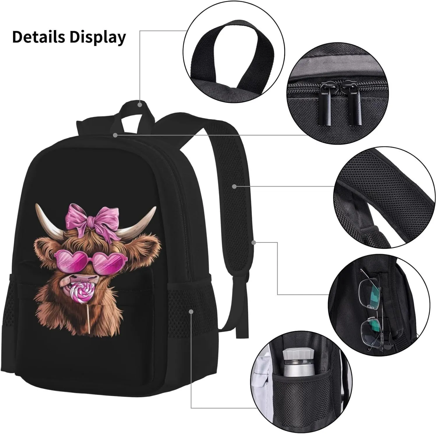 Highland Cow Pink Heart Glasses Lollipop Bow Valentine Multifunctional Pocket Backpack Crossbody Lunch Bag Pencil Case 3Pcs Set Large Capacity Backpack