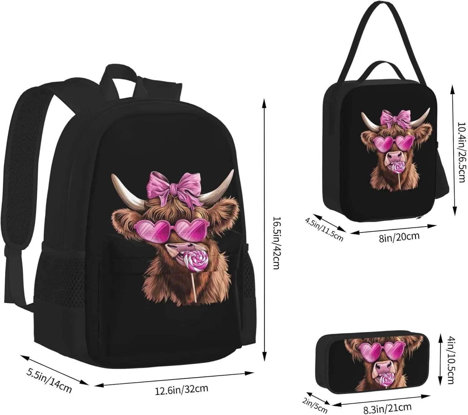 Highland Cow Pink Heart Glasses Lollipop Bow Valentine Multifunctional Pocket Backpack Crossbody Lunch Bag Pencil Case 3Pcs Set Large Capacity Backpack