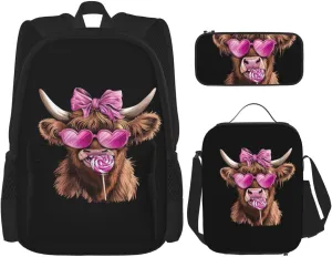 Highland Cow Pink Heart Glasses Lollipop Bow Valentine Multifunctional Pocket Backpack Crossbody Lunch Bag Pencil Case 3Pcs Set Large Capacity Backpack