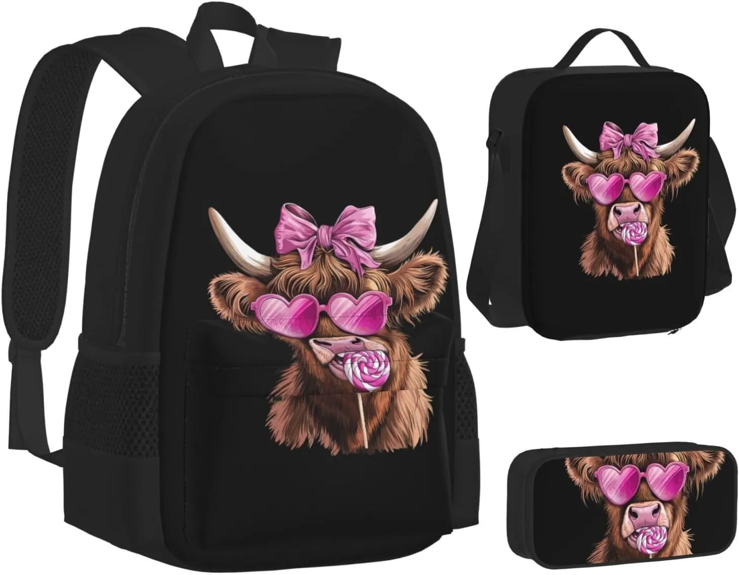 Highland Cow Pink Heart Glasses Lollipop Bow Valentine Multifunctional Pocket Backpack Crossbody Lunch Bag Pencil Case 3Pcs Set Large Capacity Backpack