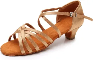 HIPPOSEUS Girls' Standard Latin Dance Shoes Open Toe Ballroom Dance Shoes Low Heel,Model WHXGG
