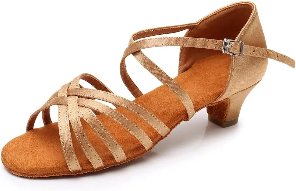 HIPPOSEUS Girls' Standard Latin Dance Shoes Open Toe Ballroom Dance Shoes Low Heel,Model WHXGG