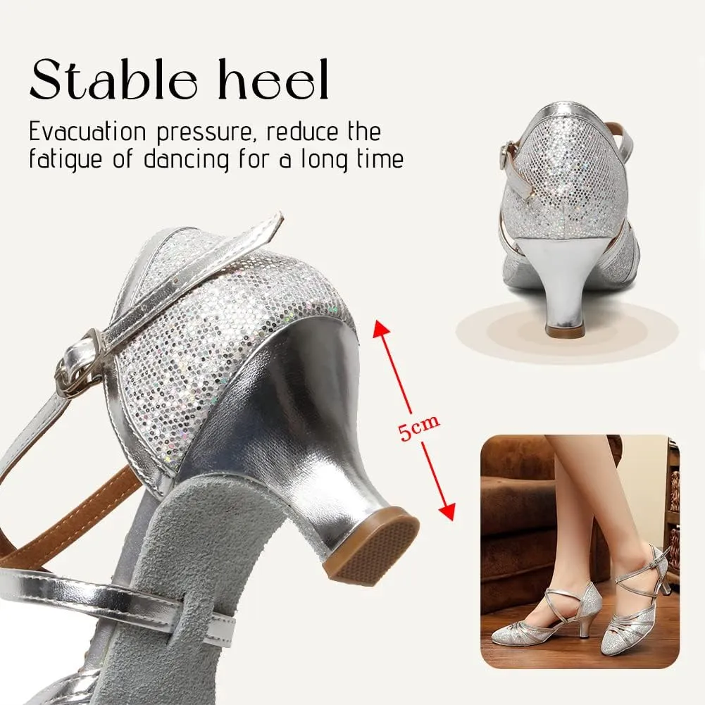 HIPPOSEUS Women's Latin Dance Shoes Closed Toe Sparkle Ballroom Salsa Tango Dance Performance Shoes,FT 053