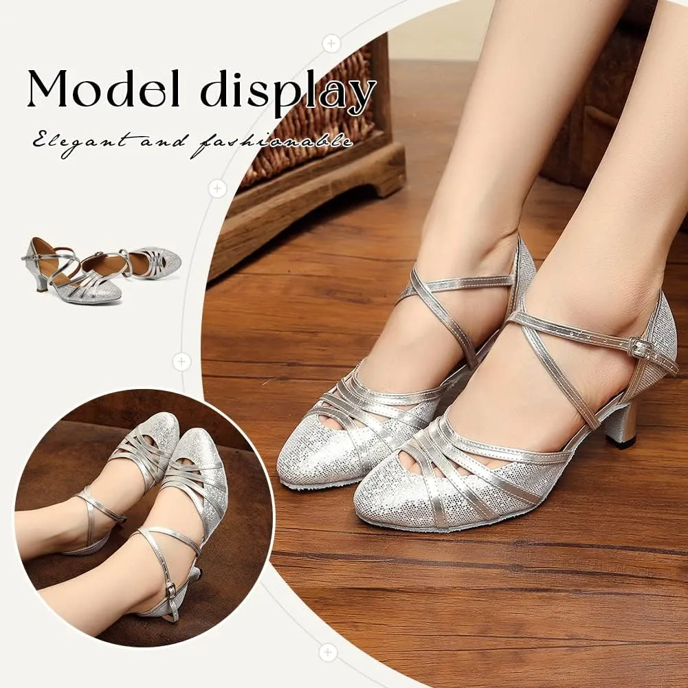HIPPOSEUS Women's Latin Dance Shoes Closed Toe Sparkle Ballroom Salsa Tango Dance Performance Shoes,FT 053