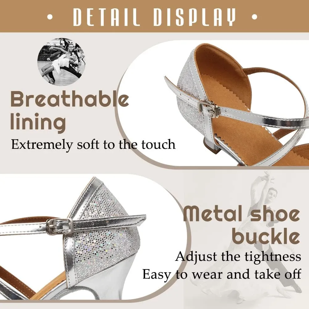 HIPPOSEUS Women's Latin Dance Shoes Closed Toe Sparkle Ballroom Salsa Tango Dance Performance Shoes,FT 053
