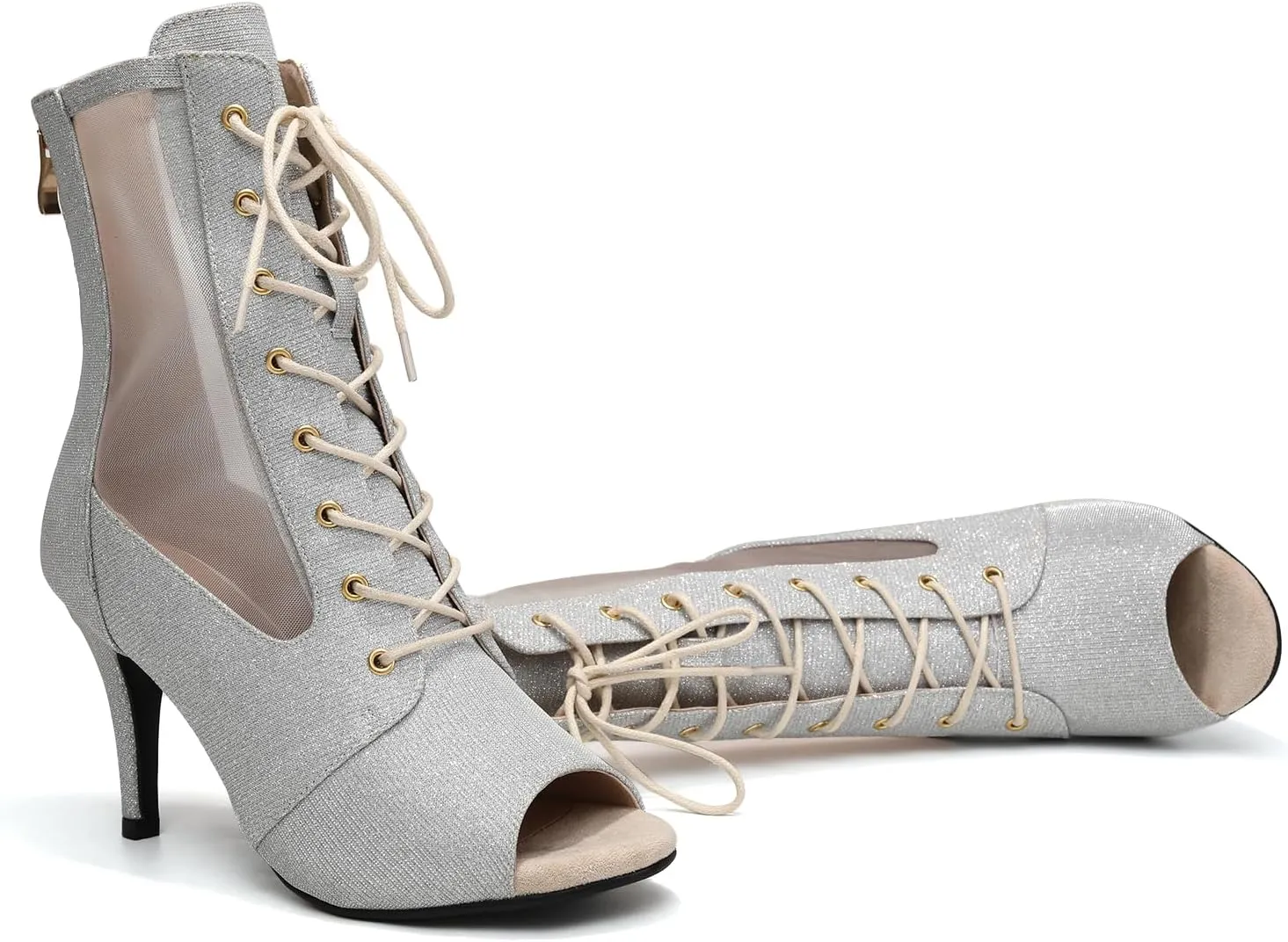 HIPPOSEUS Women's Net Yarn Latin Salsa Dance Booties Peep Toe Ballroom Ankle Boots Lace up Heels Class Dance Shoes