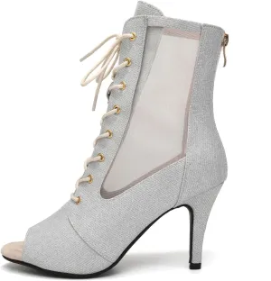 HIPPOSEUS Women's Net Yarn Latin Salsa Dance Booties Peep Toe Ballroom Ankle Boots Lace up Heels Class Dance Shoes