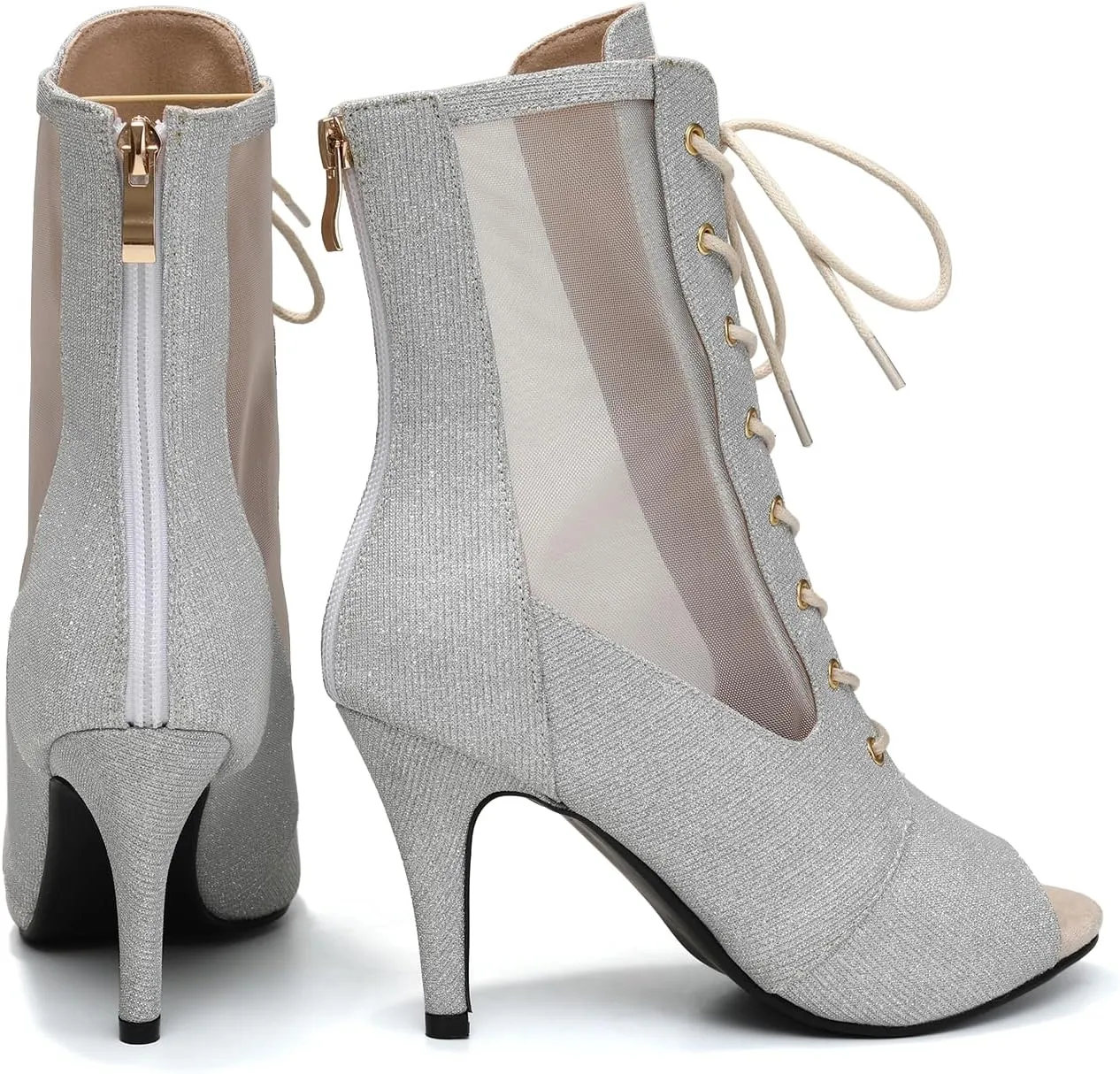 HIPPOSEUS Women's Net Yarn Latin Salsa Dance Booties Peep Toe Ballroom Ankle Boots Lace up Heels Class Dance Shoes