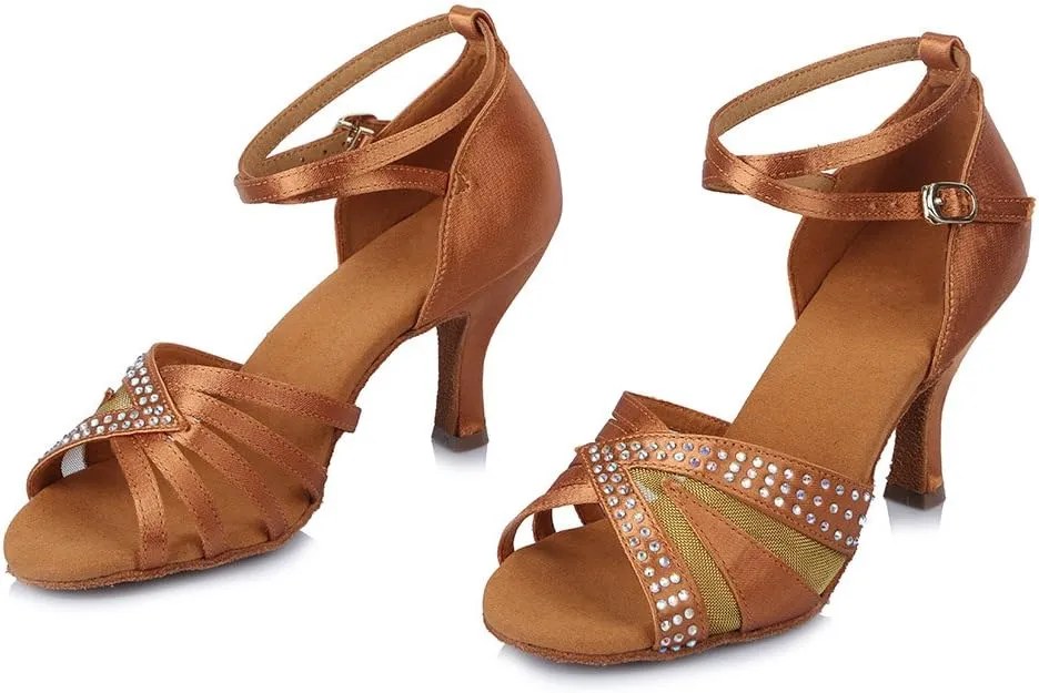 HIPPOSEUS Women's Rhinestones Latin Dance Shoes Satin Ballroom Salsa Net Yarn Dancing Shoes