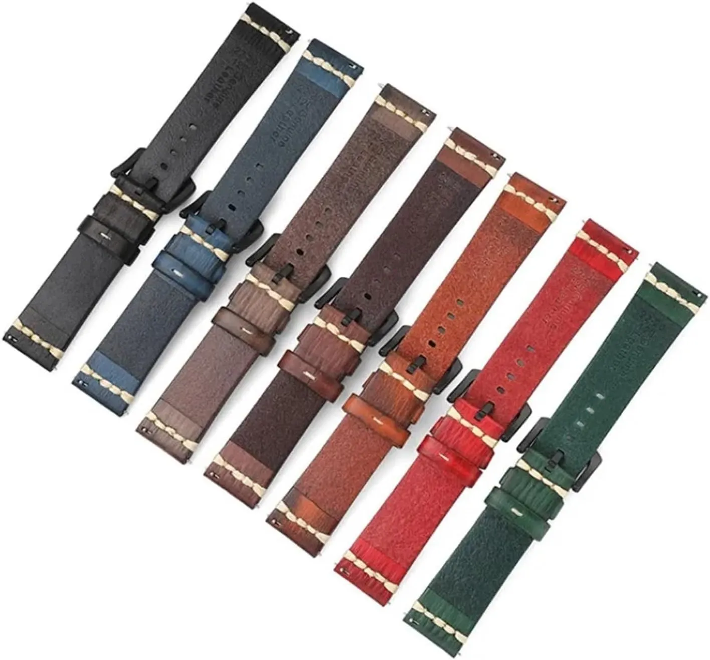 HMFang 18mm 20mm 22mm 24mm Quick Release Vintage Cowhide Leather Watch Strap Black Buckle Waterproof Watch Band Accessories