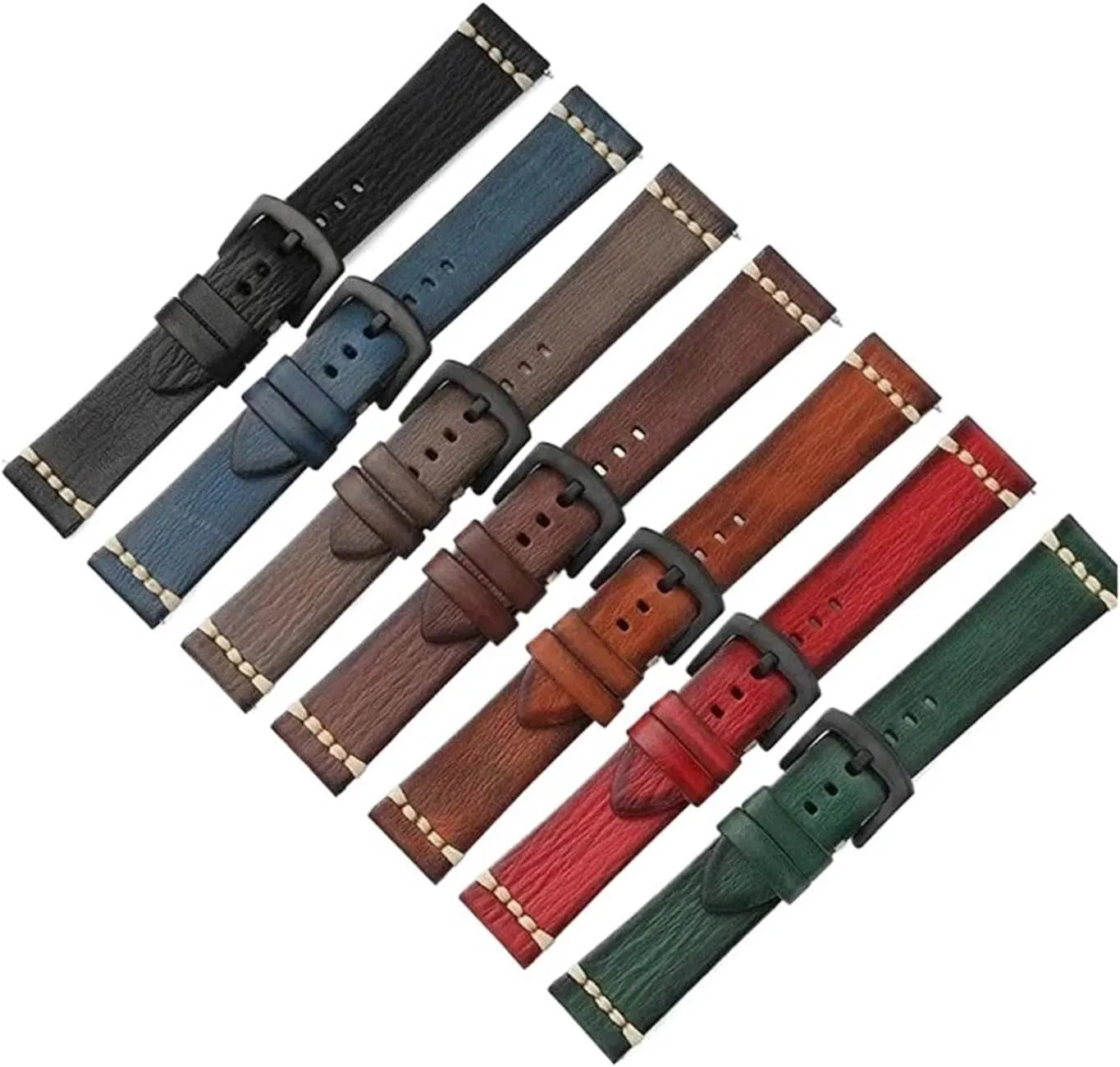 HMFang 18mm 20mm 22mm 24mm Quick Release Vintage Cowhide Leather Watch Strap Black Buckle Waterproof Watch Band Accessories