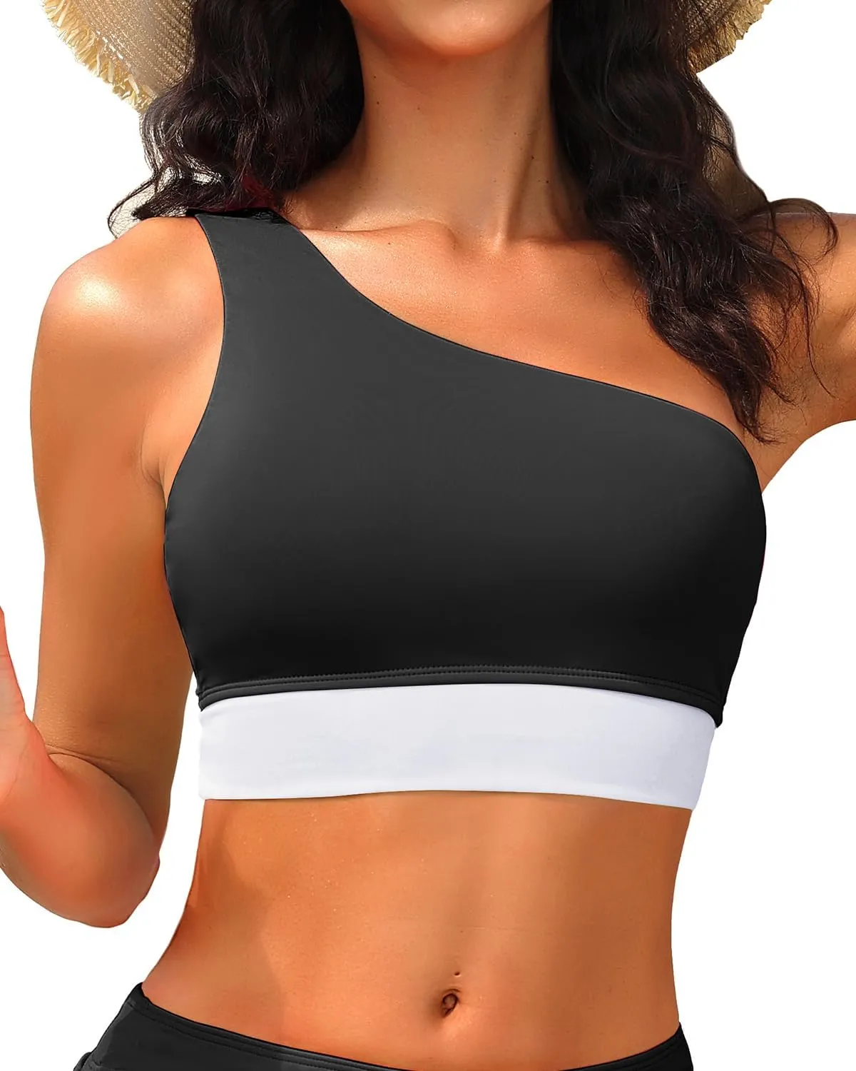Holipick Women One Shoulder Bikini Tops Only Bathing Suit Top Sports Bra Swim Tops Longline Crop Top for Teen Girls