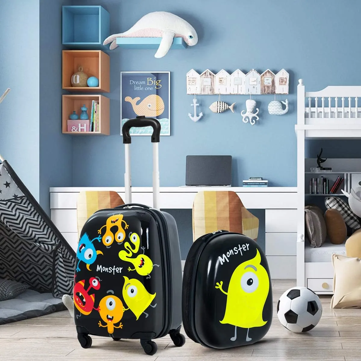 HONEY JOY Kids Luggage, 12" Toddler Backpack & 16" Travel Suitcase with Wheels, Lightweight Toddler Girls Suitcase, Durable ABS Hardshell, 2Pcs Carry On Luggage Set for Boys Girls, Black Monster