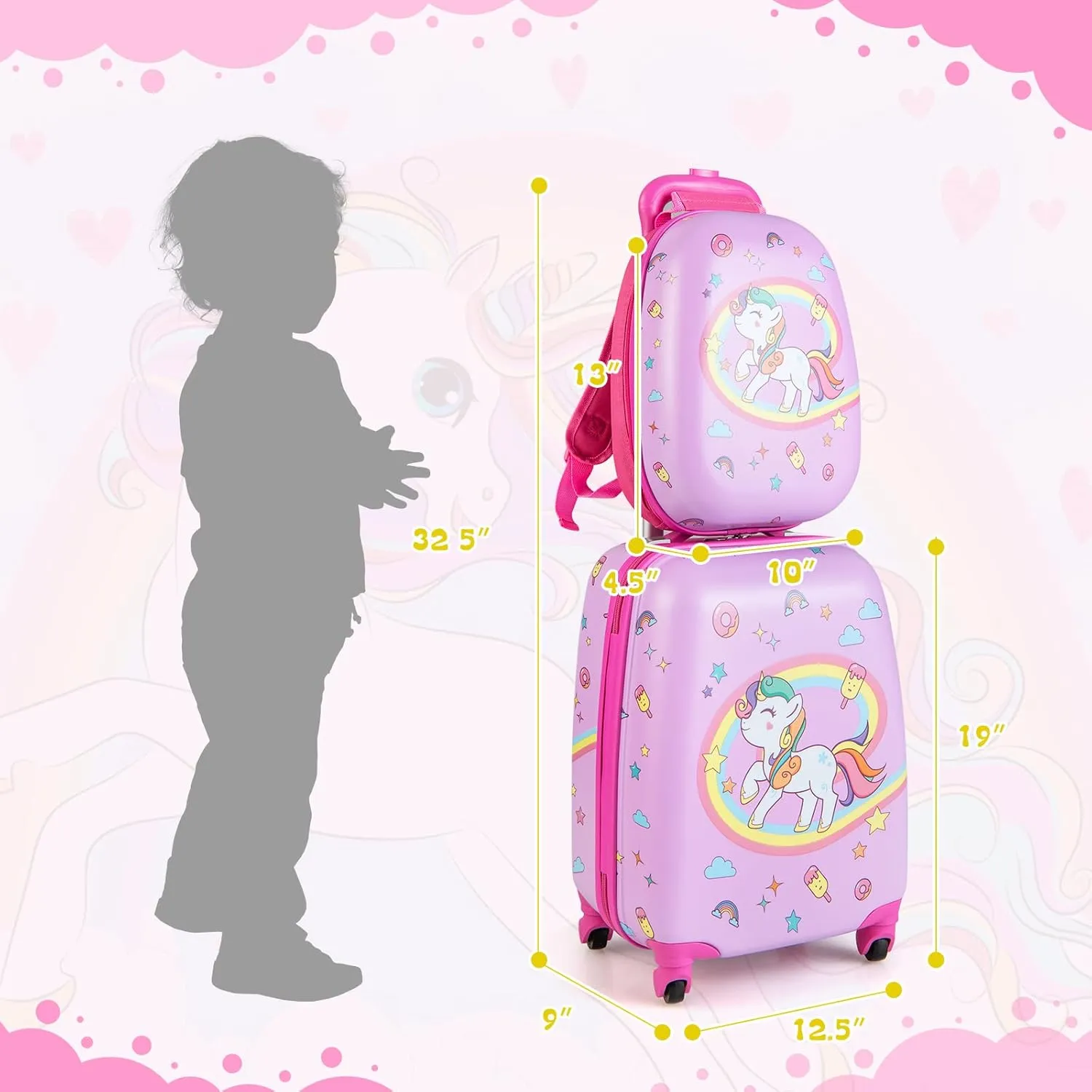 HONEY JOY Kids Luggage, 12" Toddler Backpack & 16" Travel Suitcase with Wheels, Lightweight Toddler Girls Suitcase, Durable ABS Hardshell, 2Pcs Carry On Luggage Set for Boys Girls(Pink Horse)