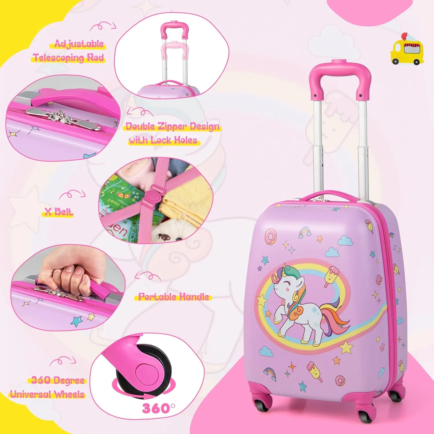 HONEY JOY Kids Luggage, 12" Toddler Backpack & 16" Travel Suitcase with Wheels, Lightweight Toddler Girls Suitcase, Durable ABS Hardshell, 2Pcs Carry On Luggage Set for Boys Girls(Pink Horse)