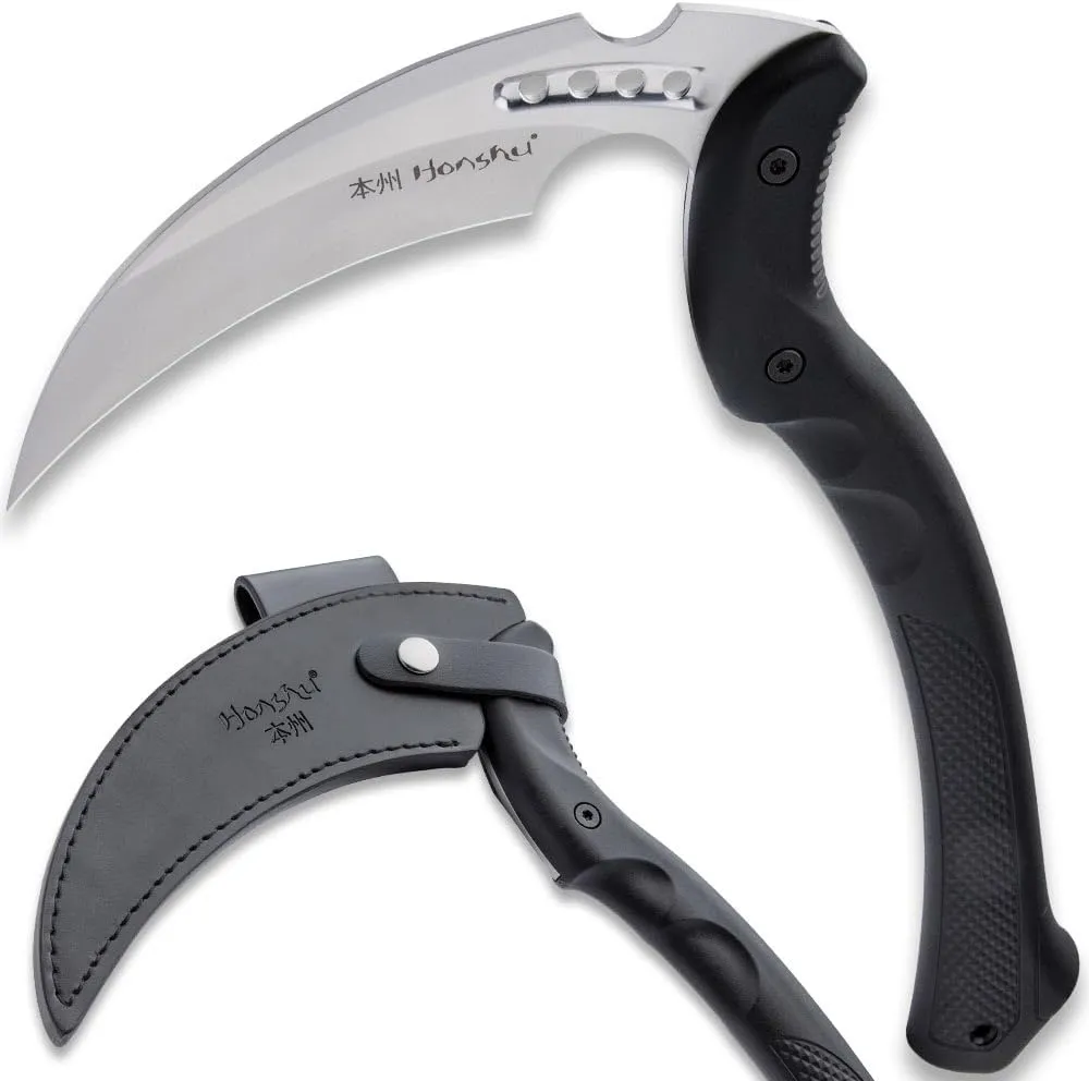 HONSHU Karito Kama with Belt Sheath | 7Cr13 Stainless Curved Steel Blade | Grippy Injection Molded Nylon Handle | Modern Battle-Ready Tool | Overall 15 3/4"