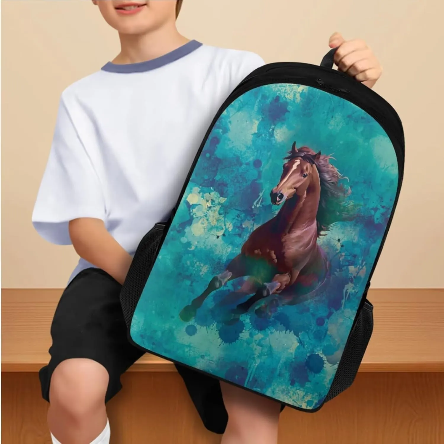 Horse Print Boys Backpack for Kids 6-8 Multi-Functional Toddler Boy Backpack and Lunch Box Set and Mini Pencil Pouch with Compartments for Secondary Schools