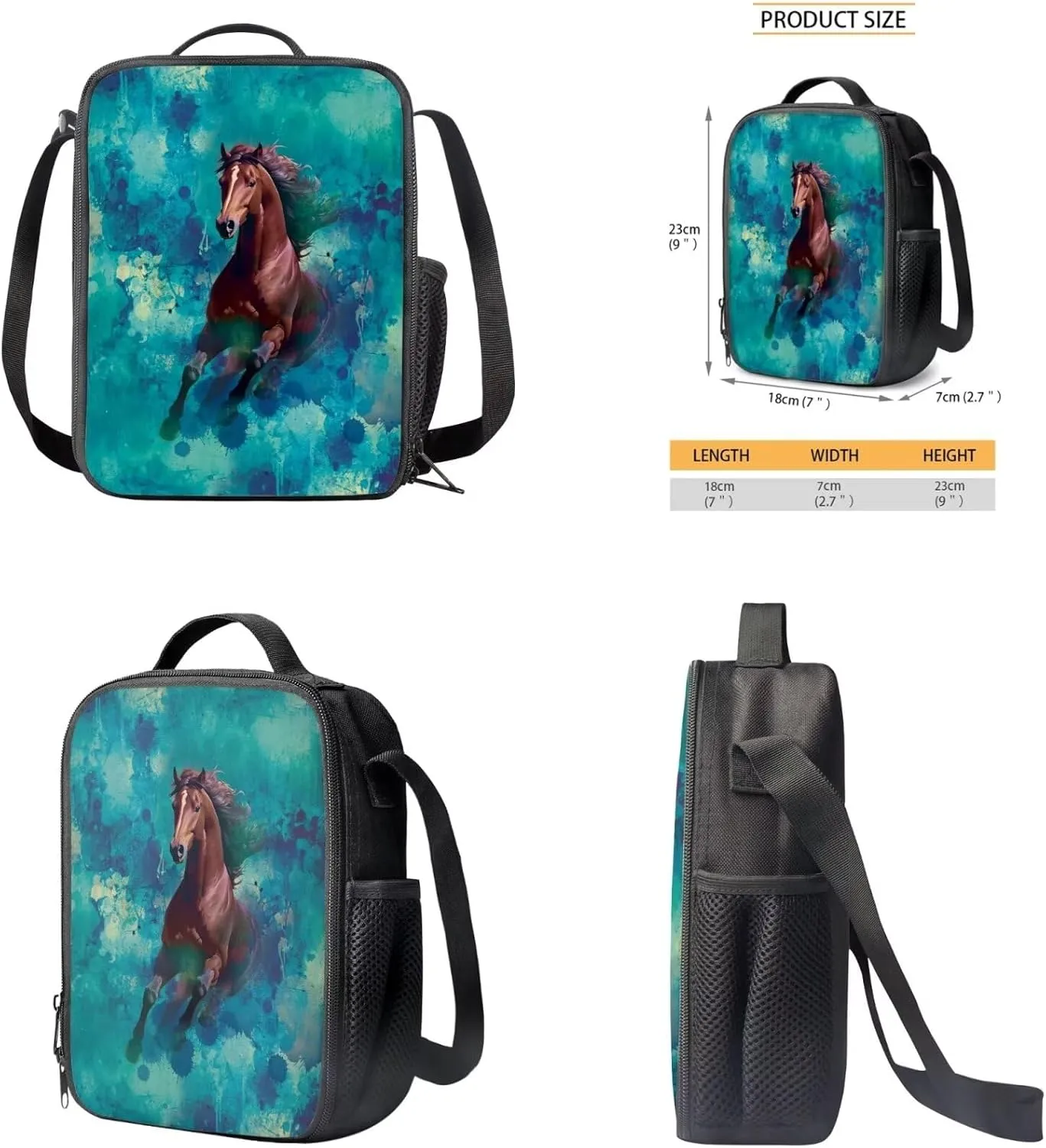 Horse Print Boys Backpack for Kids 6-8 Multi-Functional Toddler Boy Backpack and Lunch Box Set and Mini Pencil Pouch with Compartments for Secondary Schools