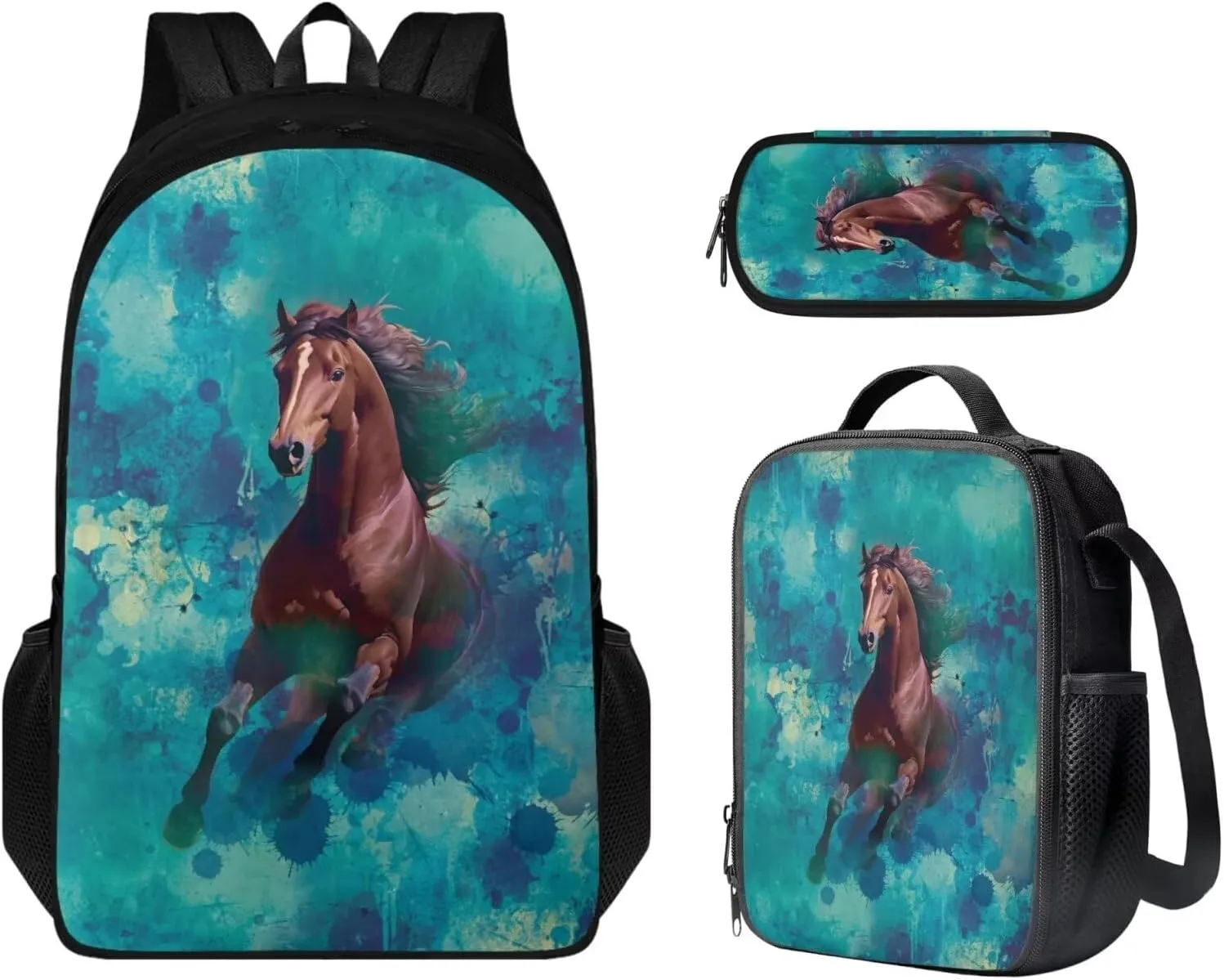 Horse Print Boys Backpack for Kids 6-8 Multi-Functional Toddler Boy Backpack and Lunch Box Set and Mini Pencil Pouch with Compartments for Secondary Schools
