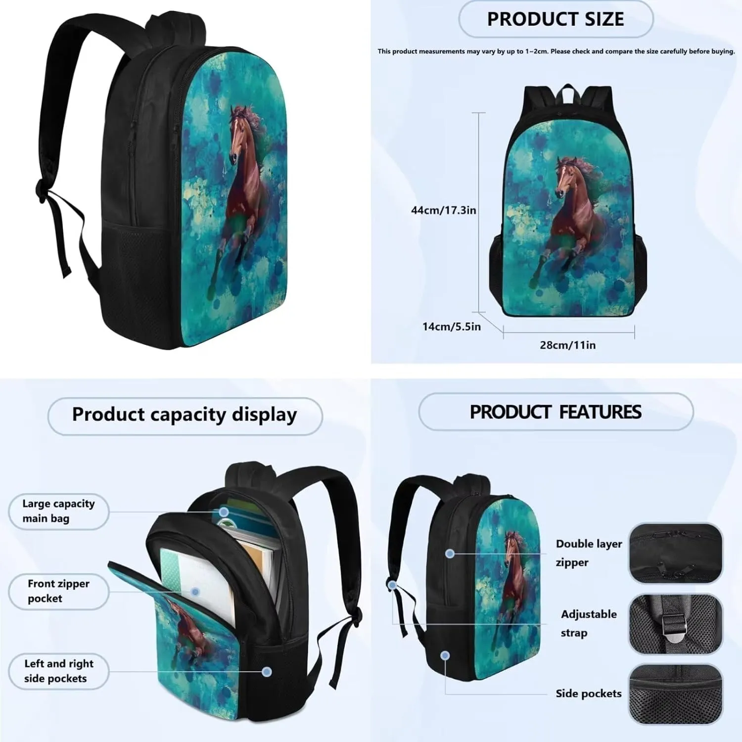 Horse Print Boys Backpack for Kids 6-8 Multi-Functional Toddler Boy Backpack and Lunch Box Set and Mini Pencil Pouch with Compartments for Secondary Schools