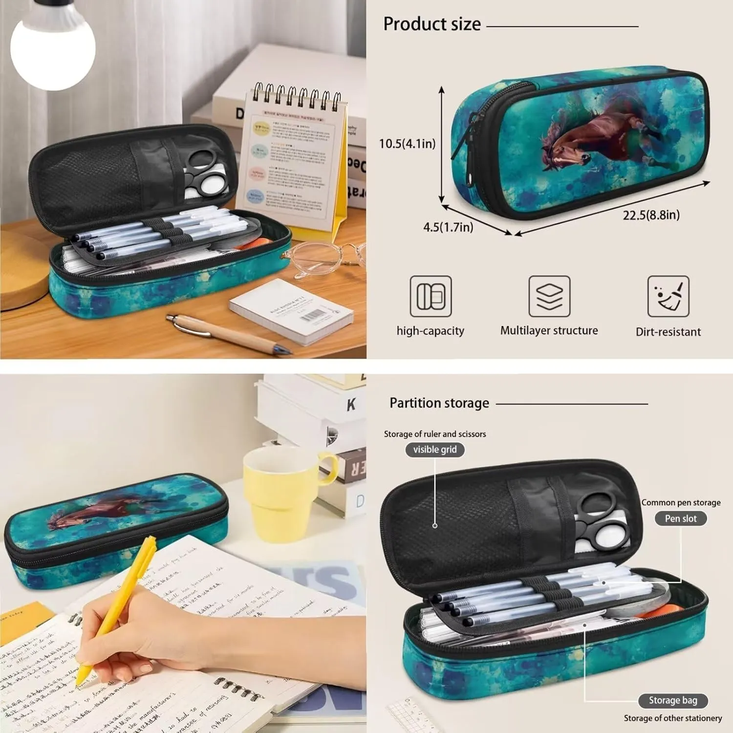 Horse Print Boys Backpack for Kids 6-8 Multi-Functional Toddler Boy Backpack and Lunch Box Set and Mini Pencil Pouch with Compartments for Secondary Schools