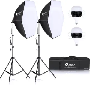 HPUSN Softbox Lighting Kit 2x76x76cm Professional Continuous Studio Photography Photo Studio Equipment with 2pcs E27 Socket 85W 6500K LED Bulbs for Portrait and Product Shooting