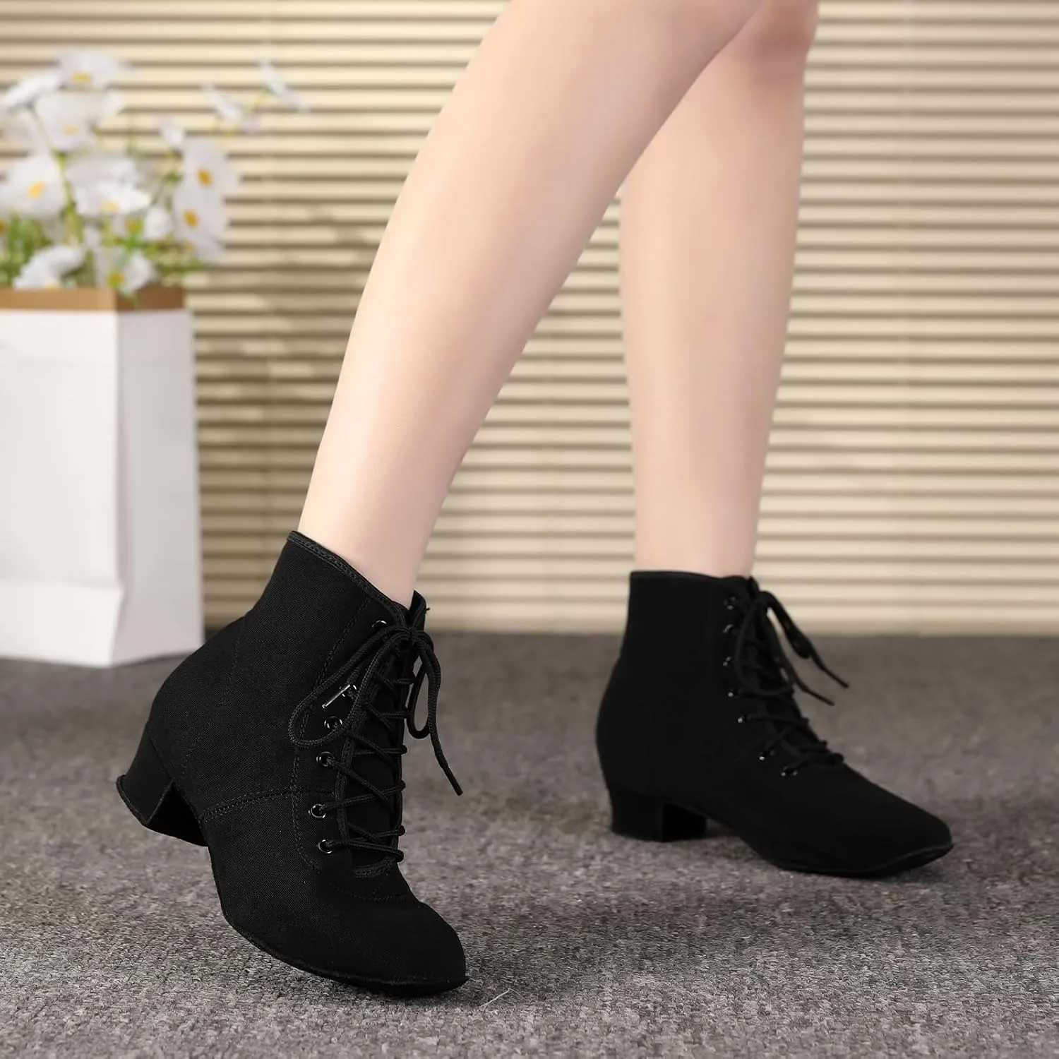 HROYL Women's Latin Dance Boots Low Heel Close Toe Ballroom Tango Performance Practice Teaching Dancing Shoes,LHD-GBNJB