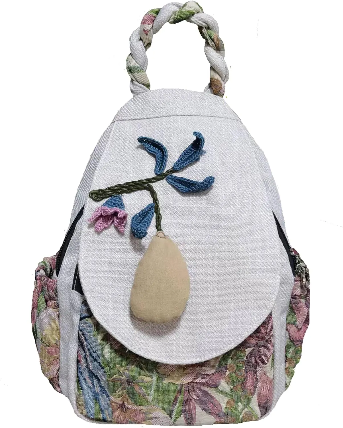 HUANGGUOSHU Women Cotton Woven Hippie Hemp Boho Canvas Embroidery Multi Pocket Retro Cute Backpack Wallet Backpack Mango