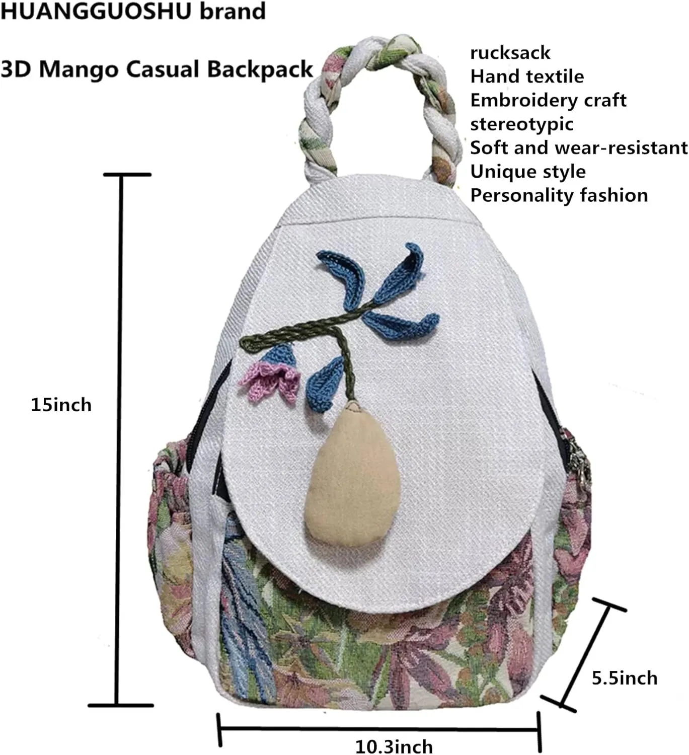 HUANGGUOSHU Women Cotton Woven Hippie Hemp Boho Canvas Embroidery Multi Pocket Retro Cute Backpack Wallet Backpack Mango