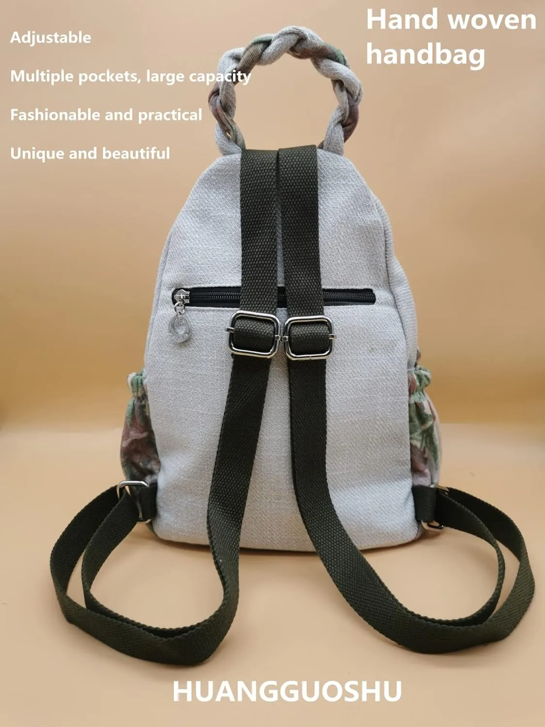 HUANGGUOSHU Women Cotton Woven Hippie Hemp Boho Canvas Embroidery Multi Pocket Retro Cute Backpack Wallet Backpack Mango