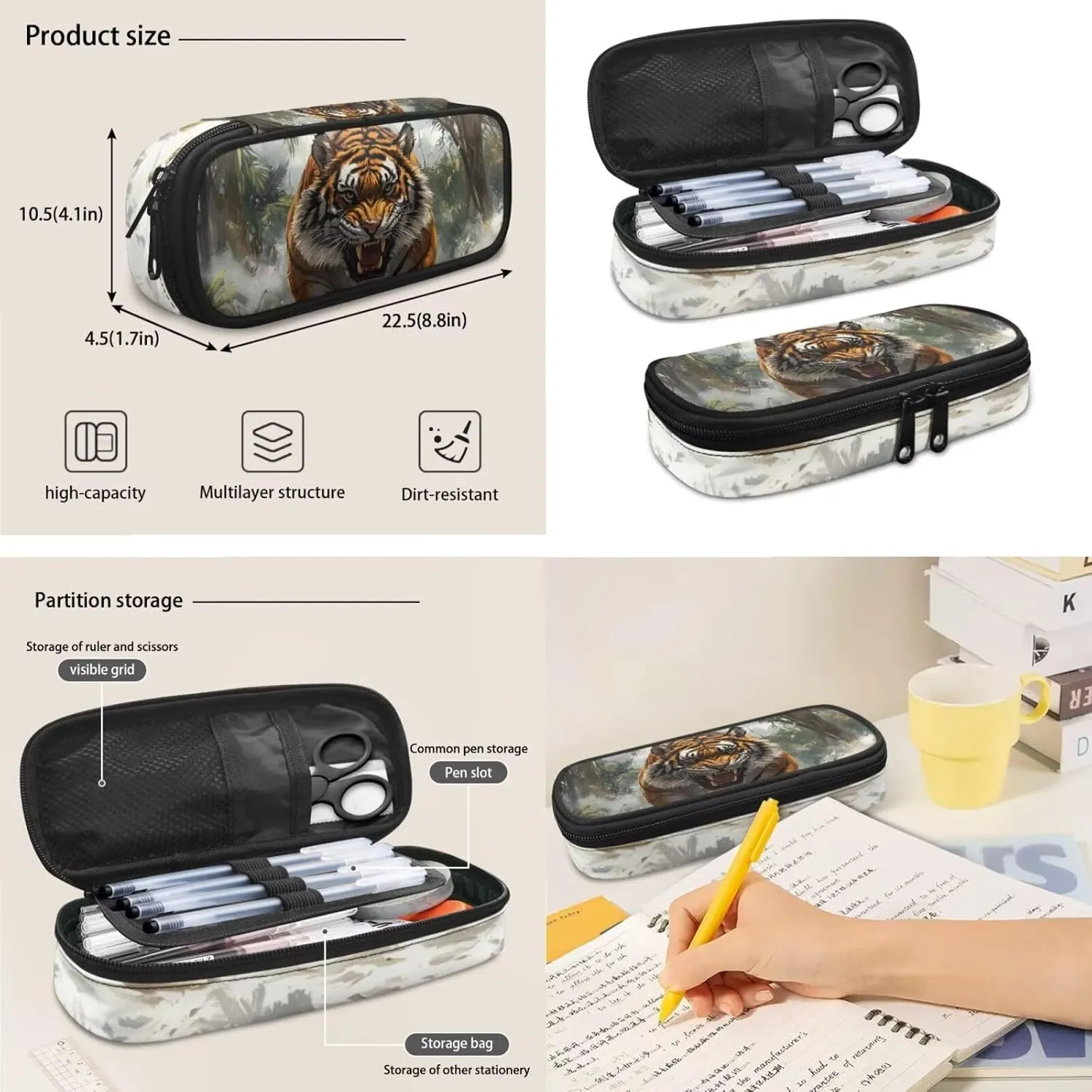 HUGS IDEA 3D Tiger Backpack Set for Boys Cool Kids Backpack for Boys 8-12 Large School Bookbag with Lunch Box and Pencil Box Lightweight School Bag Set for Elementary Students 3 in 1