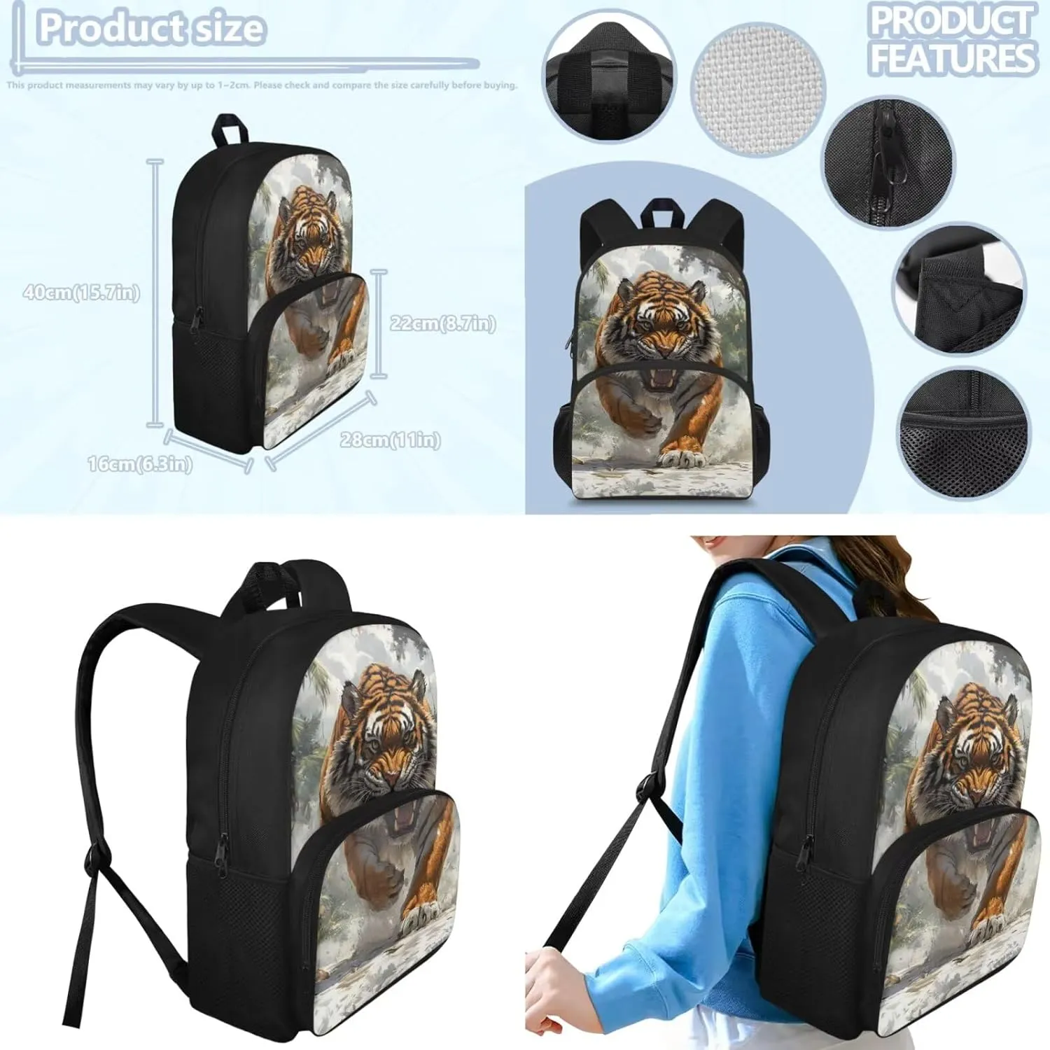 HUGS IDEA 3D Tiger Backpack Set for Boys Cool Kids Backpack for Boys 8-12 Large School Bookbag with Lunch Box and Pencil Box Lightweight School Bag Set for Elementary Students 3 in 1