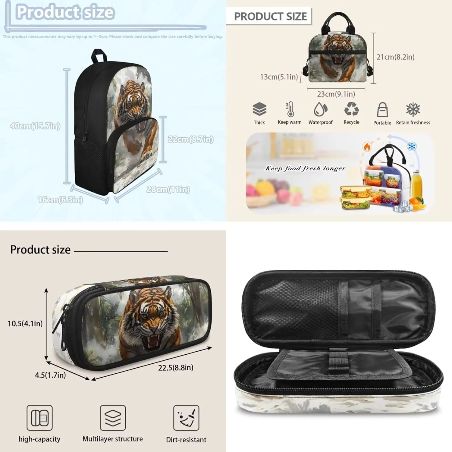 HUGS IDEA 3D Tiger Backpack Set for Boys Cool Kids Backpack for Boys 8-12 Large School Bookbag with Lunch Box and Pencil Box Lightweight School Bag Set for Elementary Students 3 in 1