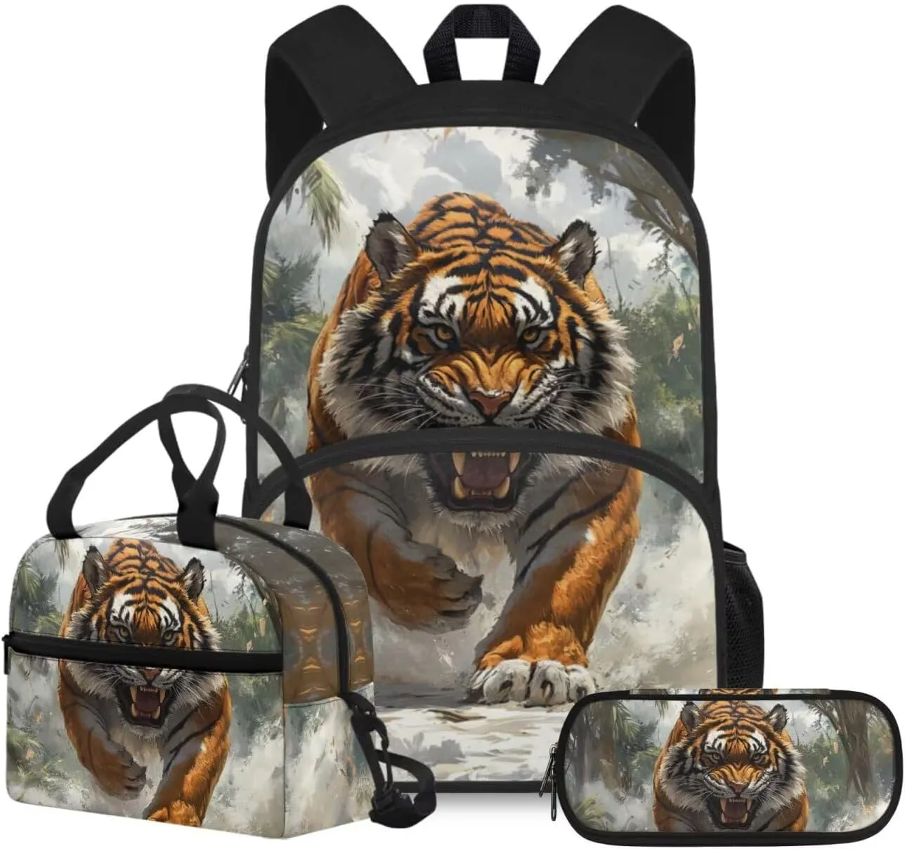 HUGS IDEA 3D Tiger Backpack Set for Boys Cool Kids Backpack for Boys 8-12 Large School Bookbag with Lunch Box and Pencil Box Lightweight School Bag Set for Elementary Students 3 in 1