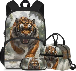 HUGS IDEA 3D Tiger Backpack Set for Boys Cool Kids Backpack for Boys 8-12 Large School Bookbag with Lunch Box and Pencil Box Lightweight School Bag Set for Elementary Students 3 in 1