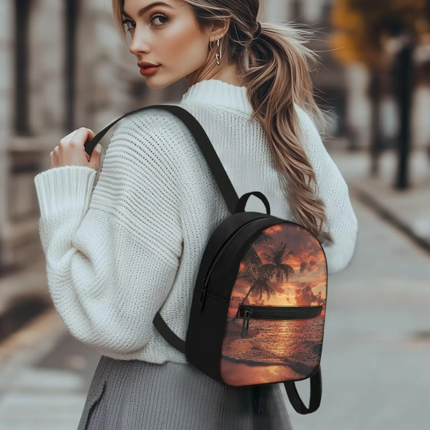 HUGS IDEA Beach Backpack Purse for Women Coast Mini Backpakc for College Skull Travel Shoulder Bag Small Cell Phone Backpack Mini Purse Casual Rucksack Portable Back Pack