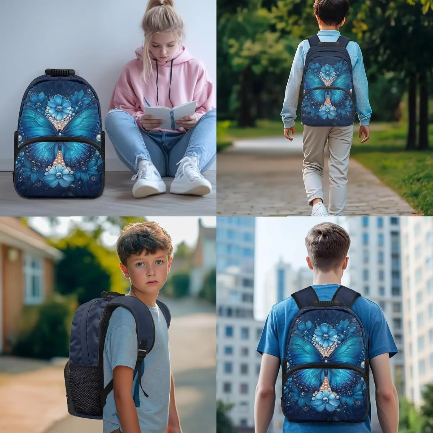 HUGS IDEA Blue Butterfly Backpack for Kids Large Capacity School Bag for Girls 8-10 Full Set of 4 Lightweight School Bookbag with Lunch Box Container Pencil Case and Key Chain Kids Daypack