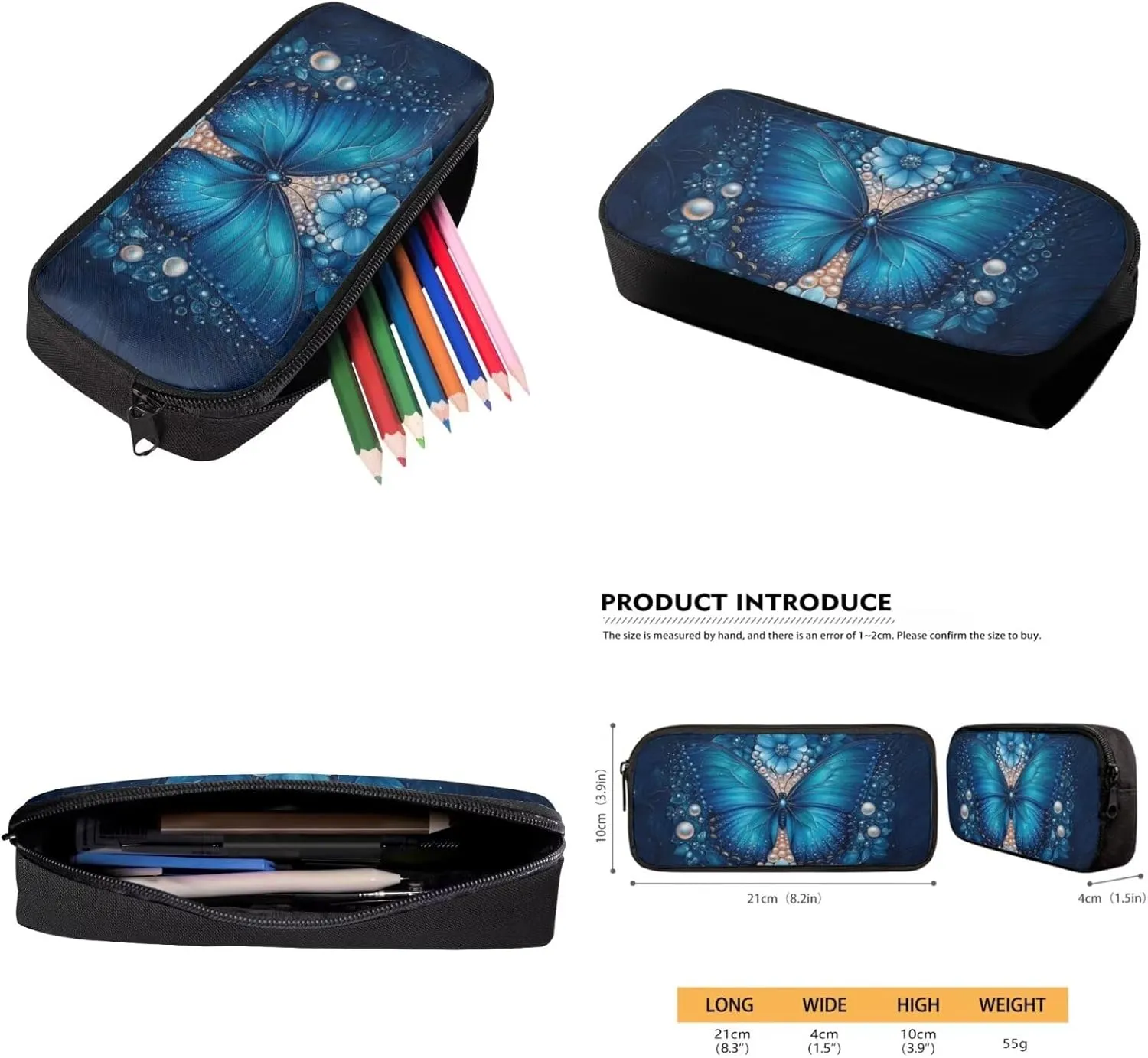 HUGS IDEA Blue Butterfly Backpack for Kids Large Capacity School Bag for Girls 8-10 Full Set of 4 Lightweight School Bookbag with Lunch Box Container Pencil Case and Key Chain Kids Daypack