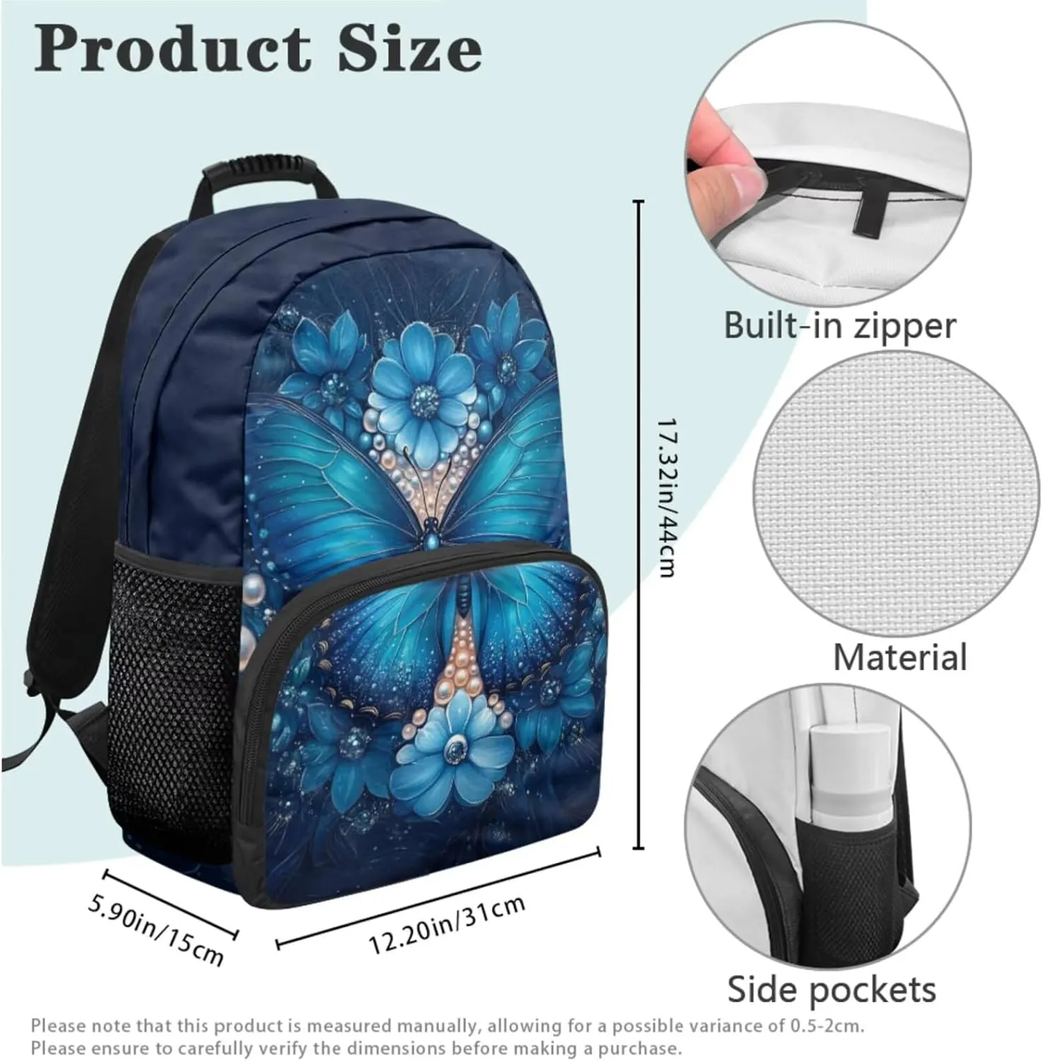 HUGS IDEA Blue Butterfly Backpack for Kids Large Capacity School Bag for Girls 8-10 Full Set of 4 Lightweight School Bookbag with Lunch Box Container Pencil Case and Key Chain Kids Daypack
