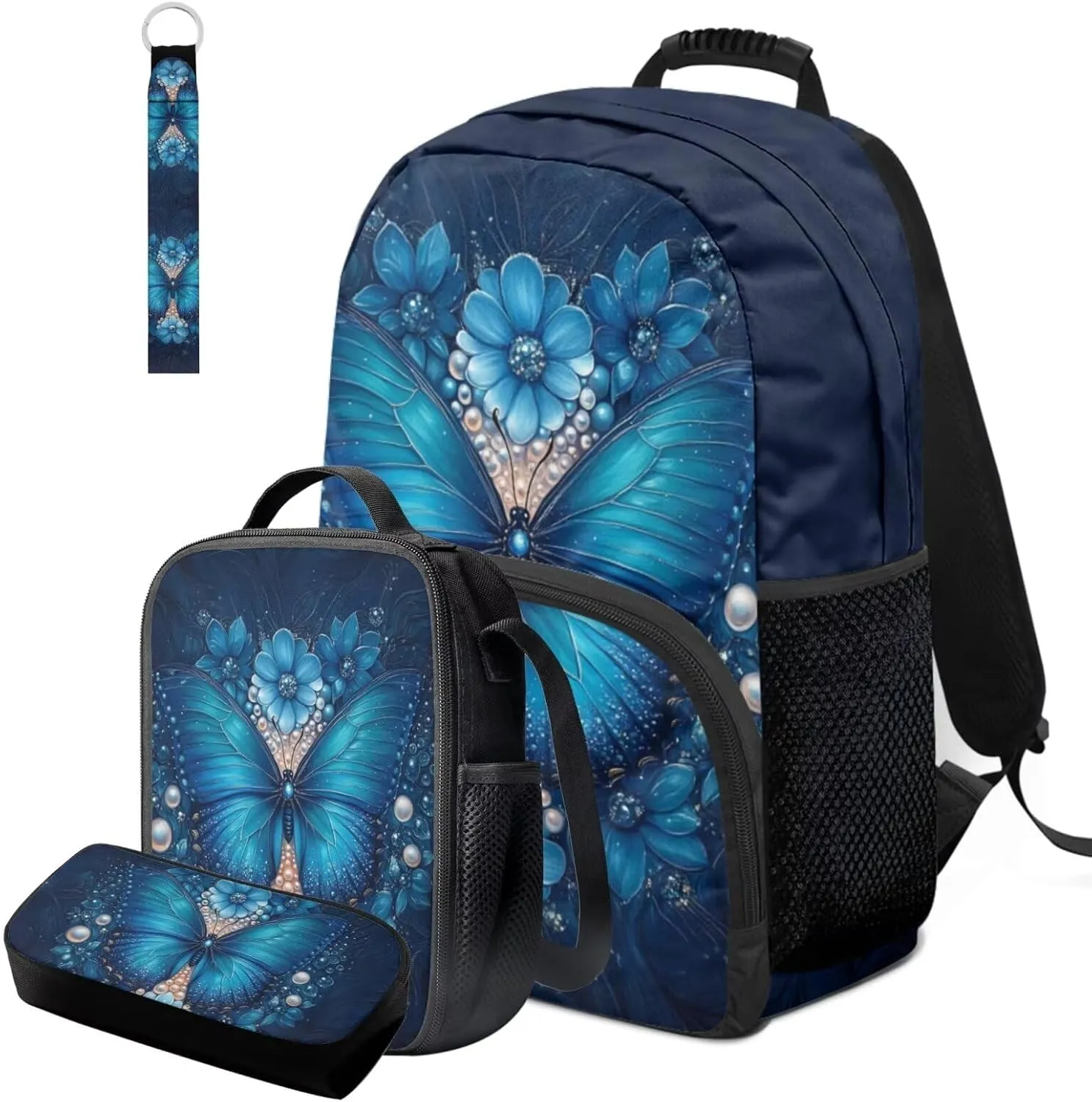 HUGS IDEA Blue Butterfly Backpack for Kids Large Capacity School Bag for Girls 8-10 Full Set of 4 Lightweight School Bookbag with Lunch Box Container Pencil Case and Key Chain Kids Daypack