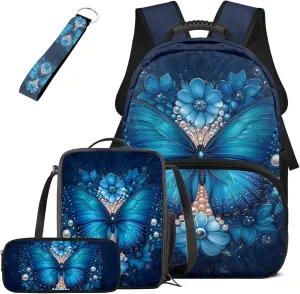 HUGS IDEA Blue Butterfly Backpack for Kids Large Capacity School Bag for Girls 8-10 Full Set of 4 Lightweight School Bookbag with Lunch Box Container Pencil Case and Key Chain Kids Daypack