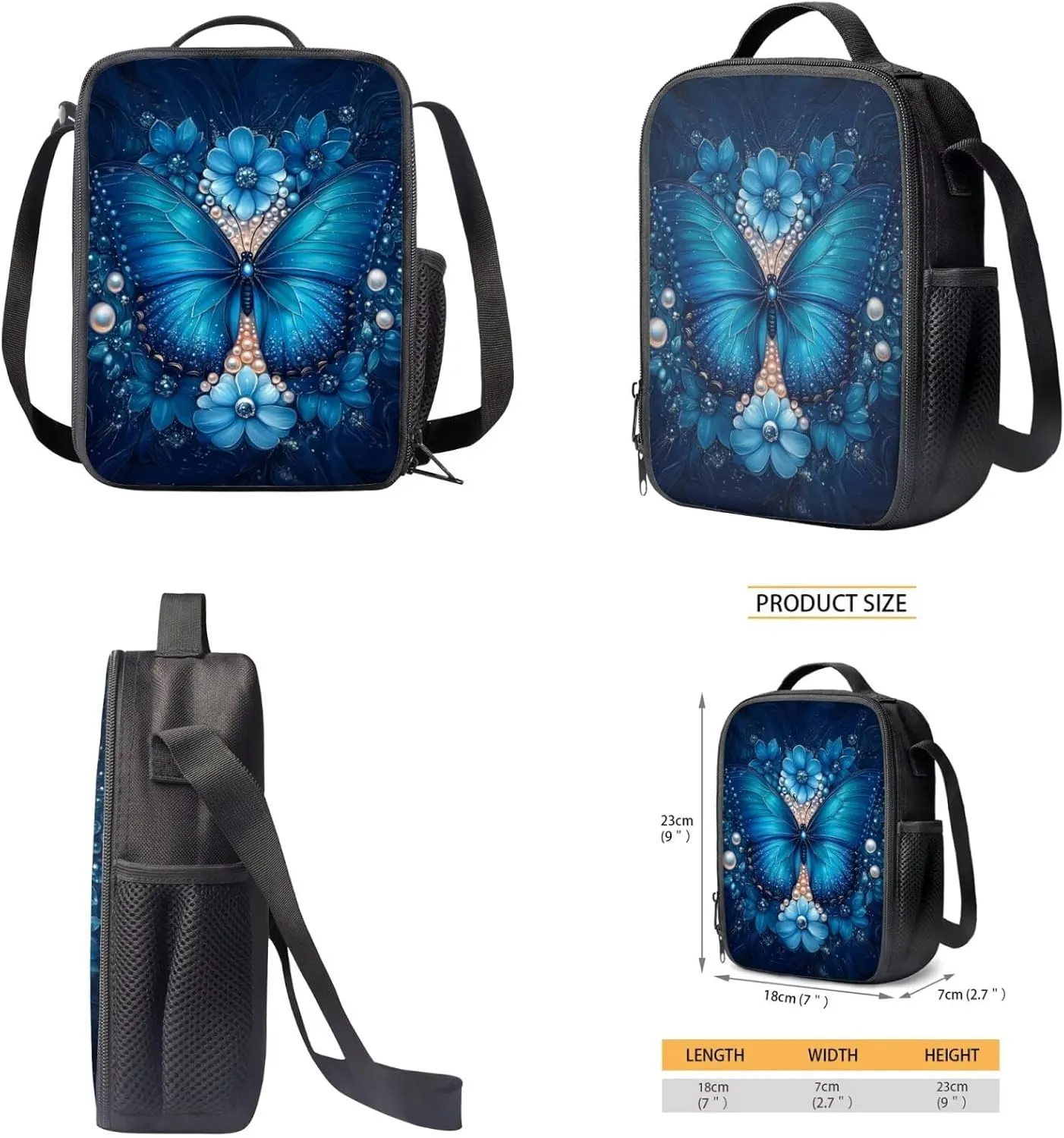 HUGS IDEA Blue Butterfly Backpack for Kids Large Capacity School Bag for Girls 8-10 Full Set of 4 Lightweight School Bookbag with Lunch Box Container Pencil Case and Key Chain Kids Daypack