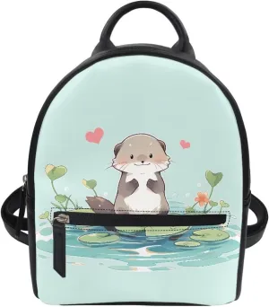 HUGS IDEA Cute Otter Print Mini Backpack for Women Girls PU Leather Small Backpack Purse Shoulder Bag for Adult Kids School Travel